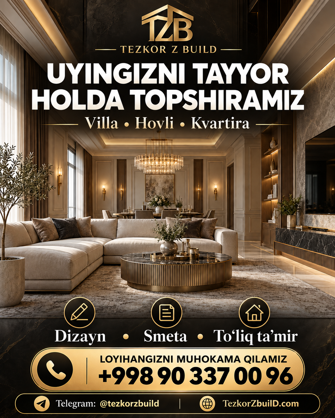 Iliq ranglardagi neoklassik mehmonxona dizayn namunasi
